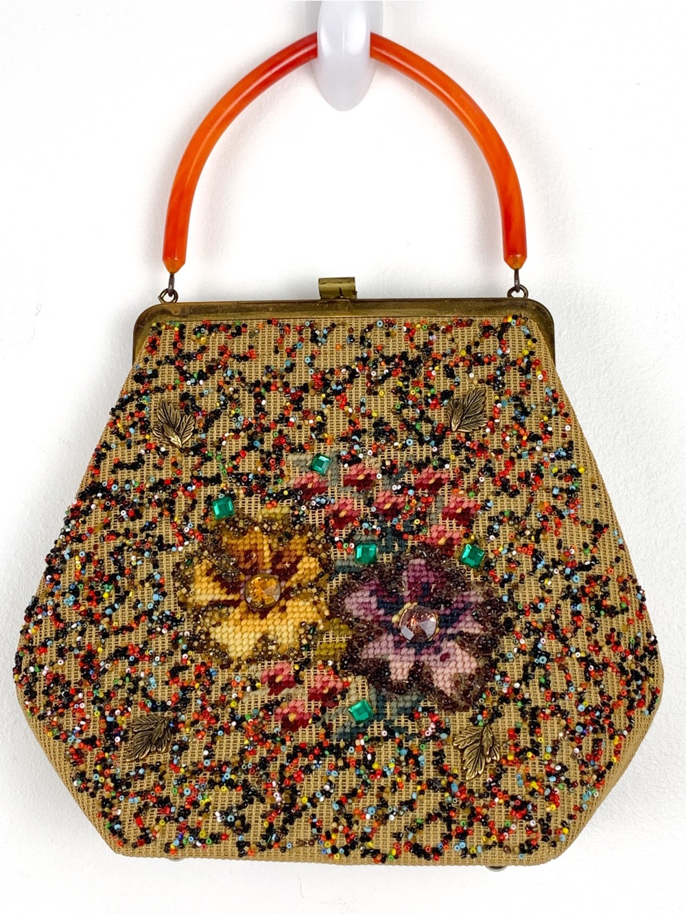 Vintage 40's/50's floral beaded Soure Bag hexagon bag with orange lucite handle